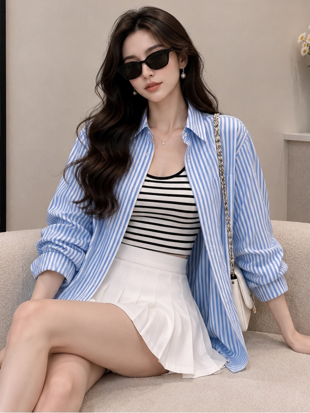 Women’s Blue & White Striped Oversize Button-Down Shirt